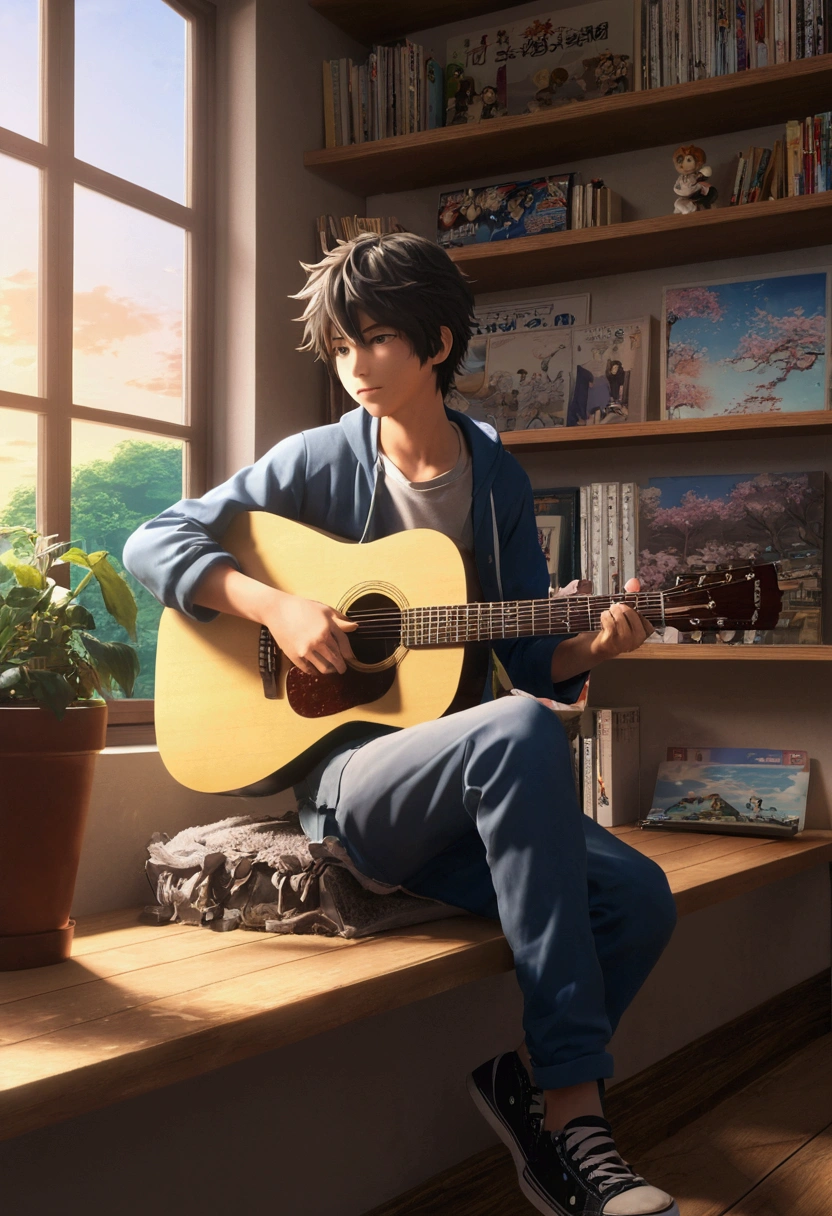 morning、Anime boy sitting on a shelf and playing guitar, Anime Art Wallpapers 8K, anime art wallpaper 4k, anime art wallpaper 4k, Anime Style 4k, anime wallpaper 4k, anime wallpaper 4k, anime wallpaper 4k, Manga Wallpapers, 4K wallpaper, Makoto Shinkai Cyril Roland, Girl playing guitar, LOFI Girl