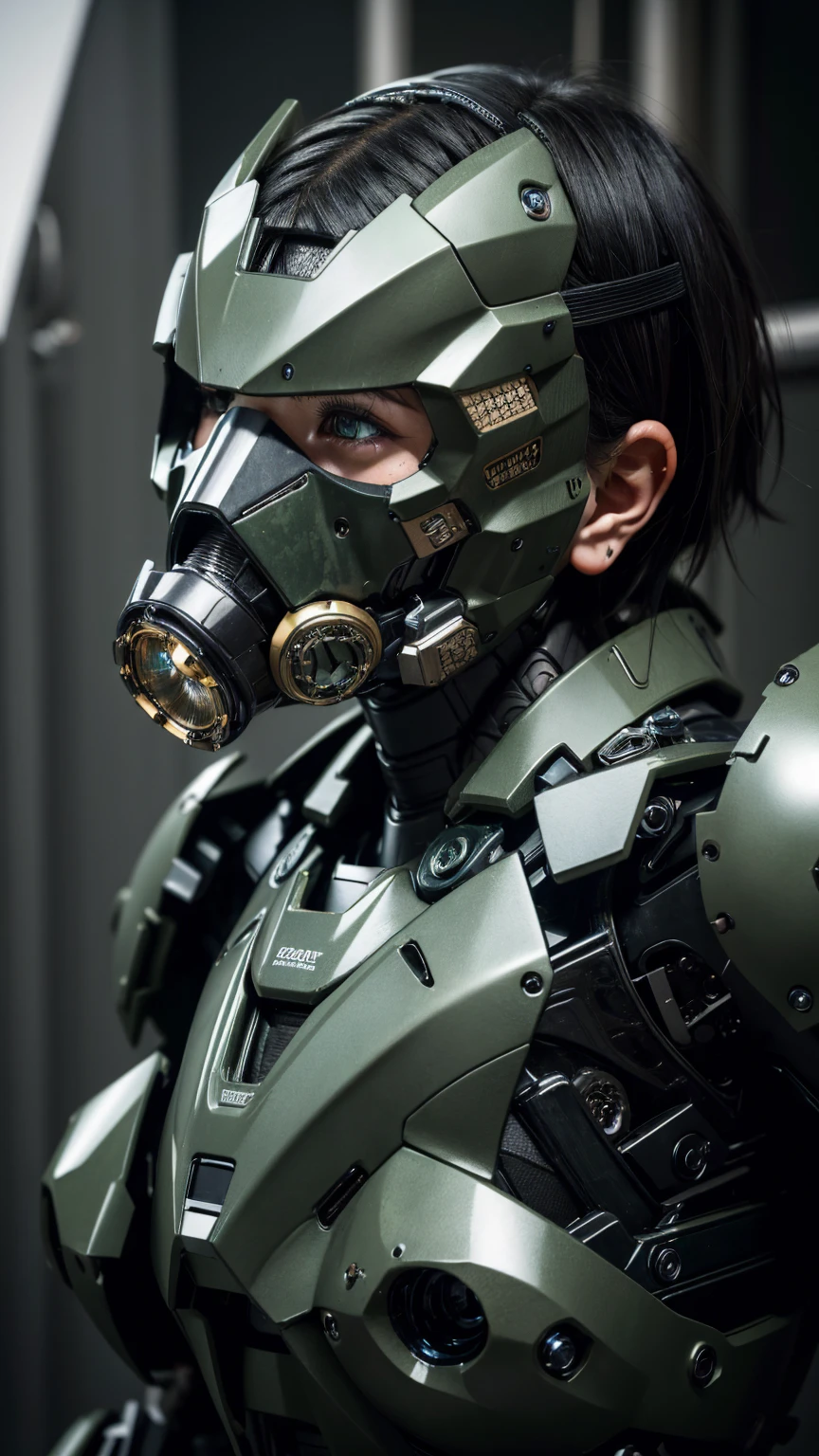Textured skin, Very detailed, Attention to detail, high quality, 最high quality, High resolution, 1080P, hard disk, beautiful,(War Machine),beautifulサイボーグ女性,Mecha Cyborg Girl,BATTLE MODE,Girl with a mechanical body　Black Hair　Short Hair Boyish　Dark green armor　Soaked Face　Change is over　Met Off　Steam coming out of the head　((whole bodyから湯気が吹き出す)　Feel the expression　Please open your mouth wide　Snug-fitting headgear　Long Nozzle Gas Mask　front　whole body