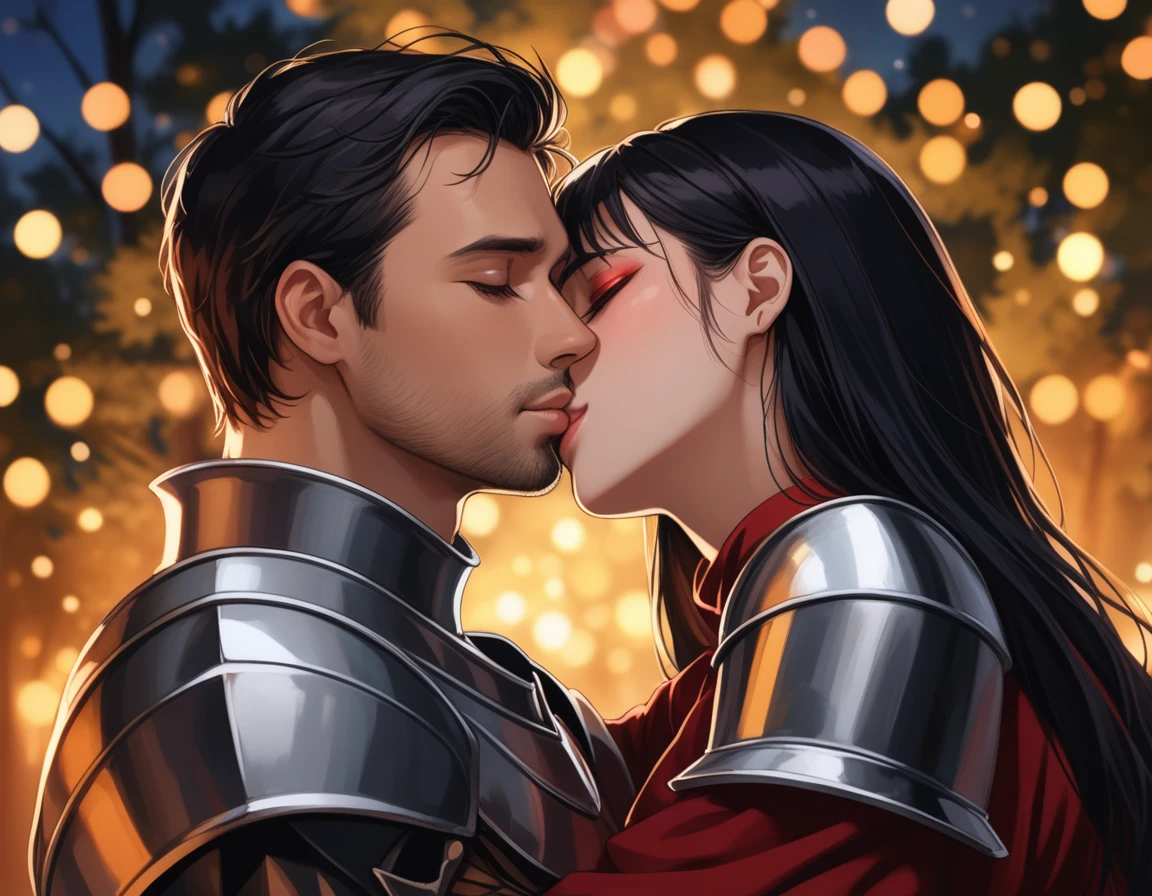 8K, RAW, best quality, masterpiece, ultra high res, colorful, portrait, (medium wide shot), (dynamic perspective), sharp focus , (depth of field, bokeh:1.3), extremely detailed eyes and face, beautiful detailed eyes,
couple, hugs, kiss, kissing, passion, love, moment,
(1man, Human, Caucasian, human Knight, male in fullplate armor, muscular, stubble, short black hair, brown eyes:1.75),
(1girl, Japanese, Oni, horns, red skin, black tight crop top, long black hair, red eyes, breasts bandage:1.75), BREAK
near campfire, lean back to tree, looking at viewer, facing viewer, right side view, forest background, dark forest, night time