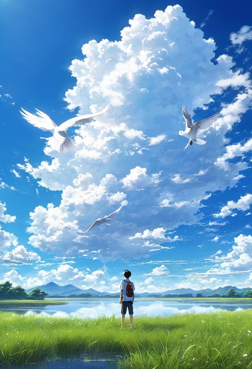 anime, anime landscape, Man watching the clouds, In the grassland, creative, Realist, White cloud, blue sky, Wonderful landscape, Man looking away from the camera, Wide Photography, Realistic grass, Flying Bird. The middle lake, The sky is reflected in the lake, student、youth