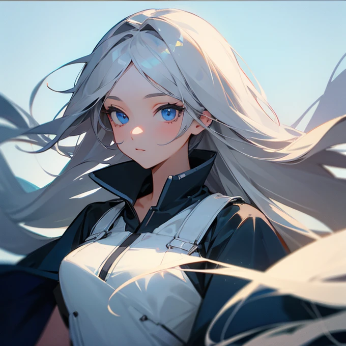 Highest quality, masterpiece,Gray Hair, blue eyes, Upper Body,Gorgeous Background,One girl, Flowing Hair