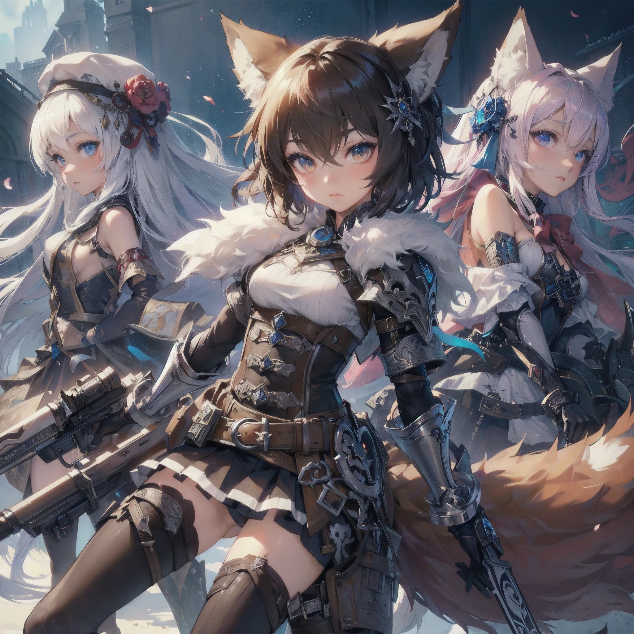 masterpiece, (textured skin), best quality, gorgeous beautiful, (a beautiful girl,wolf ears,wolf tail),detailed clothes,large breasts,narrow waist,, (beautiful face), cinematic lighting, (fantasy anime art ),