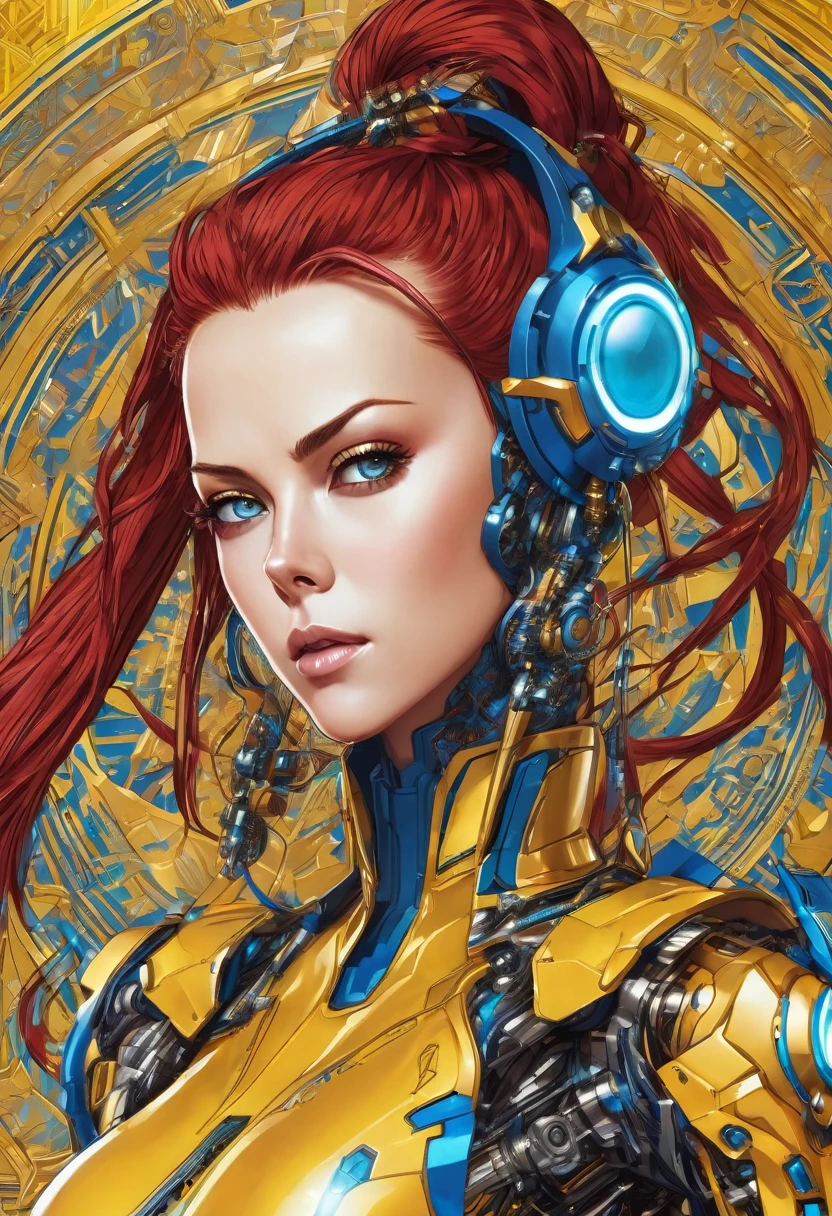 A highly detailed digital illustration depicting a woman with the appearance of Charlize Theron with futuristic and cybernetic aesthetics in the anime style. The heroine has long red hair gathered in a high ponytail. She is wearing a blue jumpsuit decorated with intricate gold patterns. Her right arm is a metal robotic prosthesis. The background is made in a solid bright yellow color, which is sharp.