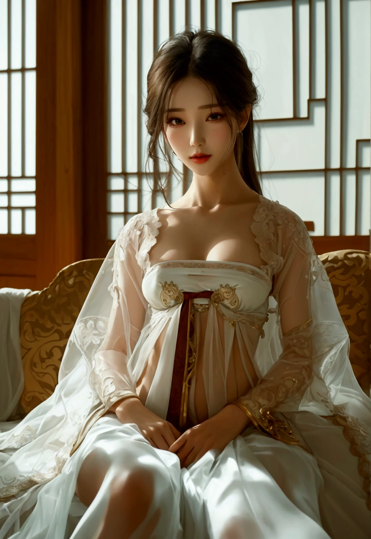 Create an image of a beautiful woman wearing a sexy, see-through traditional Korean nightgown, so thin that the wearer&#39;s nipples and skin can be seen. She has a slender face, sharp eyes, long hair, a pointed face, a high nose, and thin lips. Her breasts are 32 inches with pink nipples, her waist is 24 inches, her hips are 33 inches, her skin is bright and white. She has light brown hair. Her figure was slim and slightly muscular. And she was sitting with her legs spread open showing her very attractive genitals.