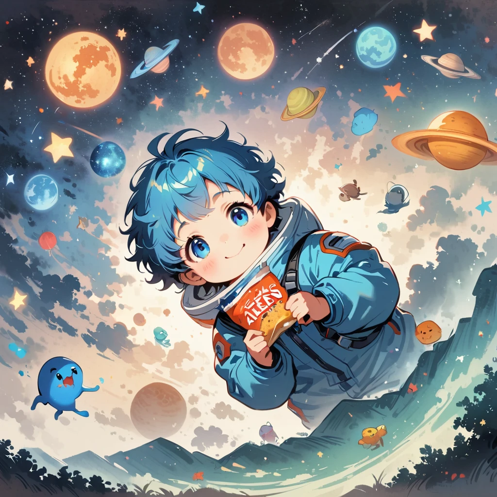 in space suit floating in space,Blue Hair, Surrounded by the Milky Way, universe , Lovely. eat snack,Meet aliens