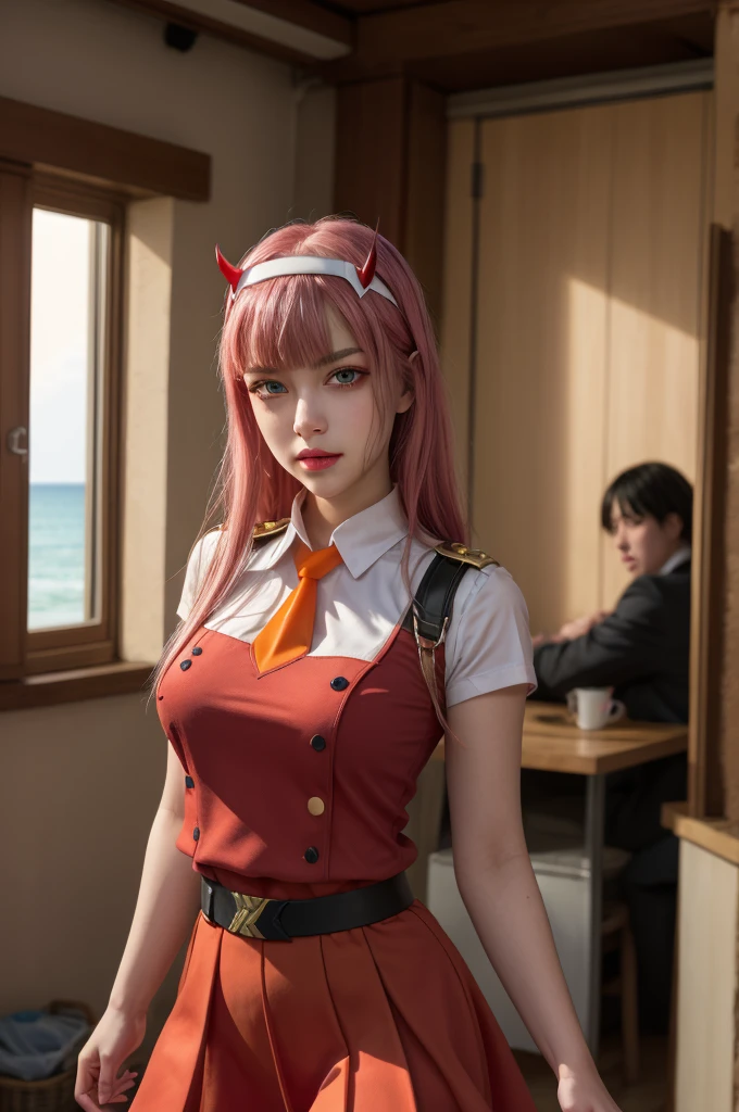 beautiful, masterpiece, best quality, cyberpunk, extremely detailed face, perfect lighting, 1girl, looking at viewer, indoors, zerotwo, hairband, horns, red horns, red uniform, red military uniform, red short skirt, short necktie, orange necktie, walking on a beach