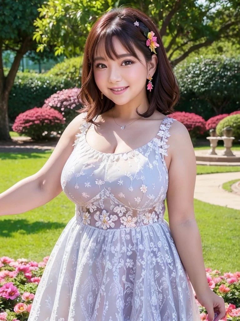 A beautiful and hot almost chubby mature woman.who is wearing a patterned short dress and is and standing in the park. A smiling face、sexy woman、A radiant smile、adorable、race、Frills、Colorful design、Full-length mirror、An inviting gaze、Gorgeous long and beautiful hairstyle、variation Hairstyle、Open neck blouse、Flower Garden、(flower:1.2)、Full body photo、((Delicately decorated dress))、1人,