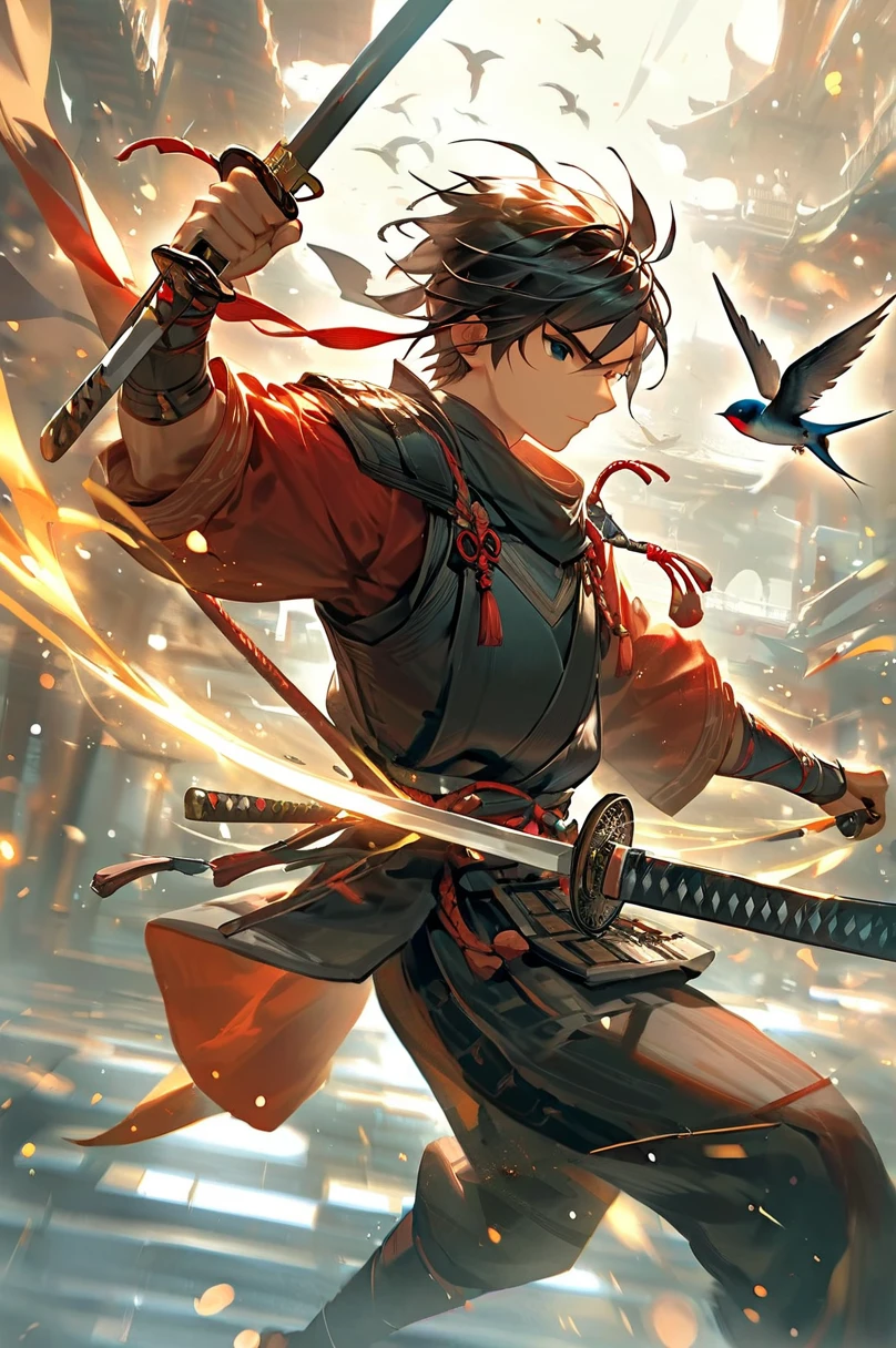 A scene in which a warrior imitates the flight of a swallow while swinging his sword。The movement is smooth、The speed and dexterity of the swordsmanship is apparent.。」