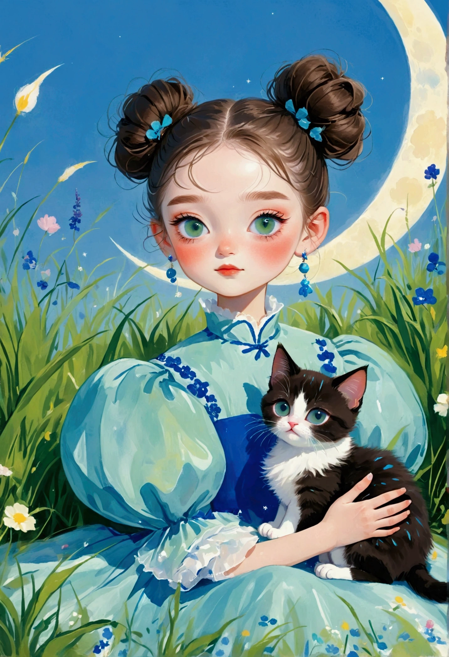 A painting,Pastel Art:(1Cute little girl and kitten sitting in the grass,Blue pupils,High bun,Delicate hair,),(Exaggerated dress,Puffy and exaggerated sleeves,Fluffy,Fluffy白色薄纱),Crescent Moon,green solid color backdrop