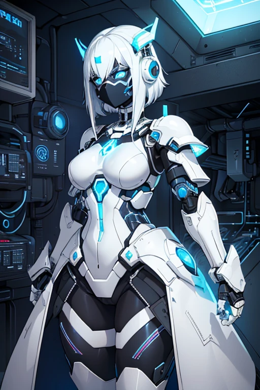 (1 cyborg woman)),((huge breasts, naked pussy)),((urethral insertion)),((standing in front of the viewer with legs apart)),((short white hair, blue eyes, with glasses, smile malignant)),
