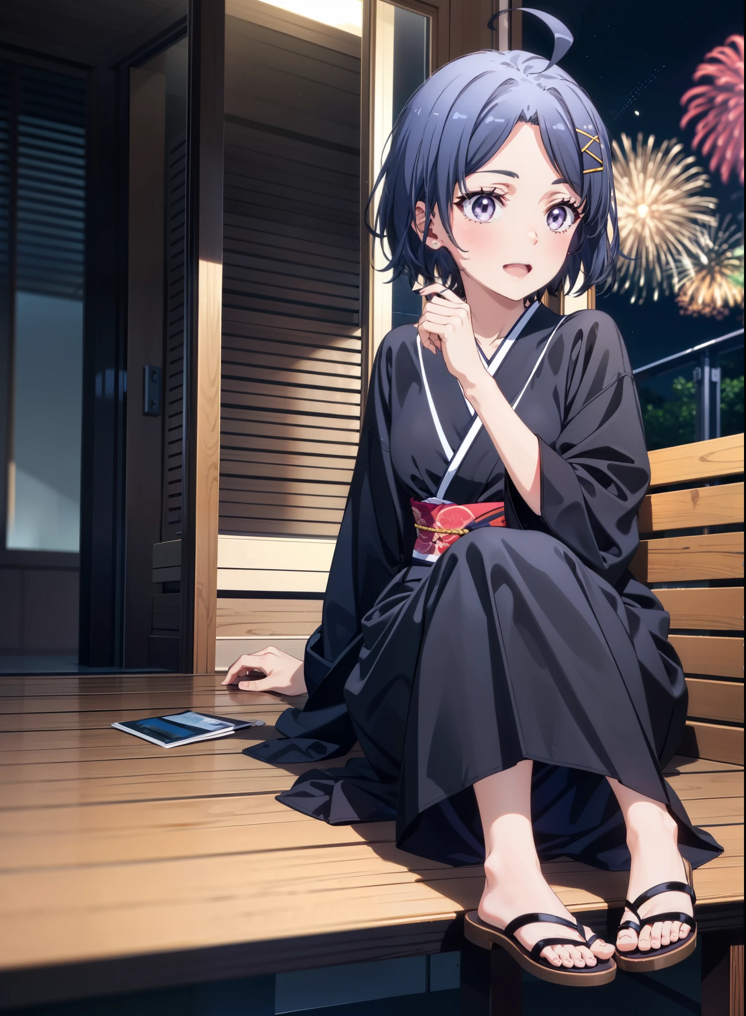 komachihikigaya, komachi hikigaya, short hair, Black Hair, hair ornaments, Ahoge, Hair Clip, x hair ornaments, (Purple eyes:1.1), tooth, smile, Open your mouth, black kimono,Black long skirt,Sandals,Sitting on a bench,Fireworks in the night sky,Fireworks,The place is a fireworks display,Time is night,sunny day,turn around,whole bodyがイラストに入るように,
break outdoors,Veranda,Japanese Garden, 
break looking at viewer,whole body,(Cowboy Shot:1. 5),
break (masterpiece:1.2), Highest quality, High resolution, unity 8k wallpaper, (figure:0.8), (Beautiful attention to detail:1.6), Highly detailed face, Perfect lighting, Highly detailed CG, (Perfect hands, Perfect Anatomy),