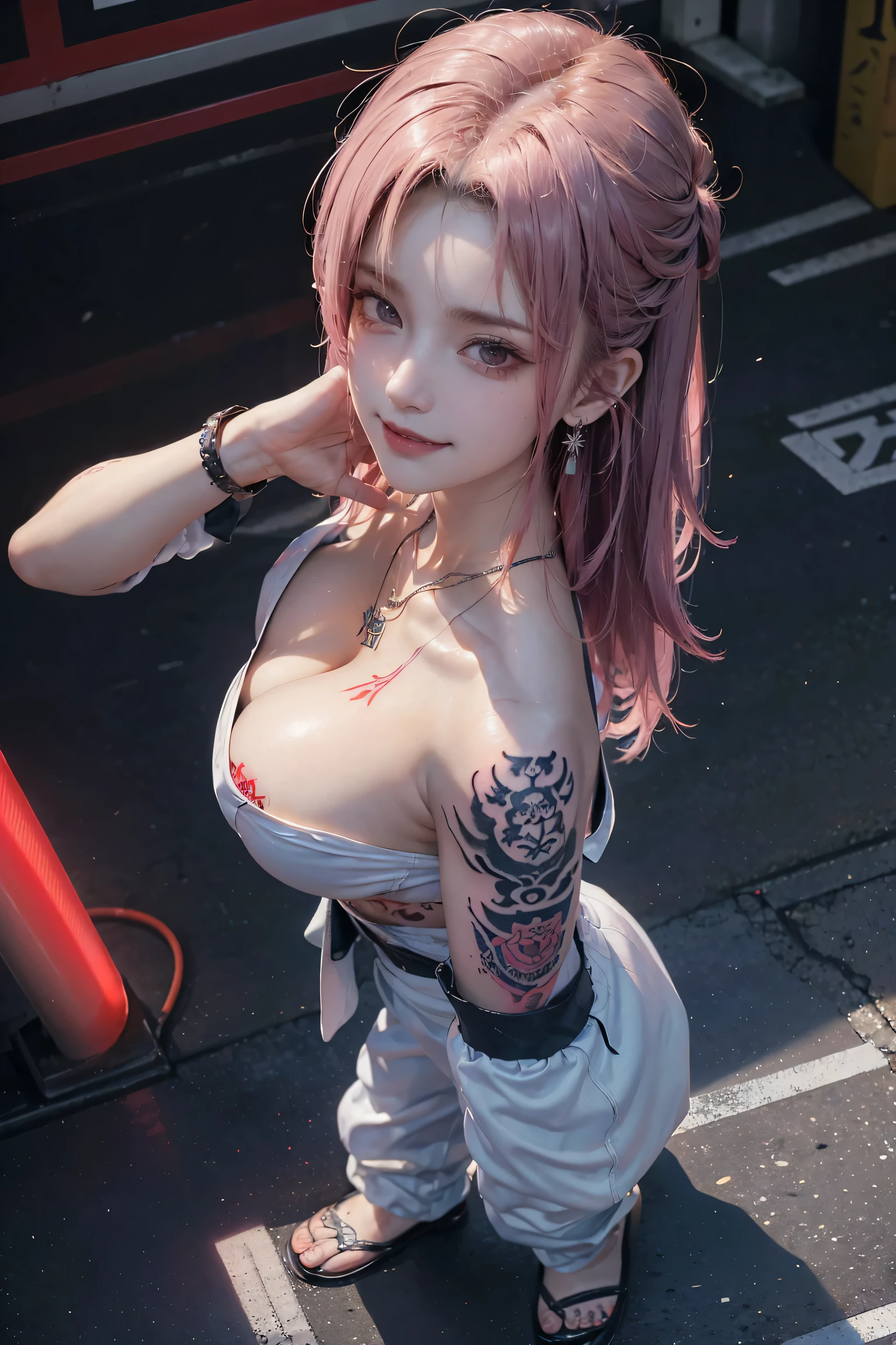 ((16K)),(masterpiece:1.3, Highest quality, Ultra-high resolution, Super detailed), (Realistic, photoRealistic:1.4), Perfect lighting, colorful, Depth of written boundary, Browsing Caution, Surrealism,Face Light,Beautiful detailed hair,((Beautiful eyelashes)), Beautifully detailed face, Beautiful fine details, Beautiful clavicle, Beautiful body, thin脚,Beautiful breasts, Beautiful feet, Beautiful Hands, Cleavage,Pointed Chest, thin, 1 girl,22 years old, Perfect Face, Long eyelashes,Perfect Anatomy, Supermodel with a long neck,((Skinny1.3)),looking at the camera,(Perfect Anatomy,Anatomically correct, Highly detailed skin), Shiny skin,((beautiful girl:1.1)),(( large breasts:1.3)),(Mid-length hair:1.4, Wavy Hair:1.2, Pearl pink hair) ,((See-through bangs:1.1)),Dainty facial structure((battle:1.5)), ((fighting stance:1.5)),((from above)),Japanese street gang boss,((A group of gangsters stood behind him.:1.3)),((Crazy Smile:1.4)),Korean mixed race,((wearing Gangster suit:1.6)),((Earrings)),((necklace)),((bracelet)), ((Female Yakuza)), ((Japanese Mafia:1.3)), ((Background of Tokyo Red Light District:1.3)),(( japanese yakuza tattoo:1.4)), ((Japanese art:1.1), Japanese culture, Tokyo, filled with people crossing the streets. Tall buildings with colorful billboards and advertisements surround the intersection. Bright and lively atmosphere, clear skies, and a sense of movement and energy in the scene,((wide shot)), ((from above:1.4)),