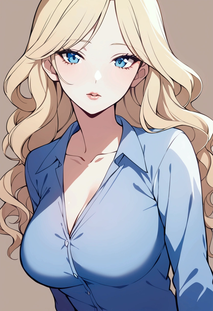 slender, mature female, slender, mature female, 1girl, breasts, rating:questionable, solo, medium_breasts, blonde_hair, breasts_outside, lips, nose, brown_background, upper_body, looking_at_viewer, shirt, blue_eyes, blue_shirt, parted_lips, dress, wavy_hair, blue_dress, hair_ornament, collarbone, eyelashes, long_sleeves, long_hair,