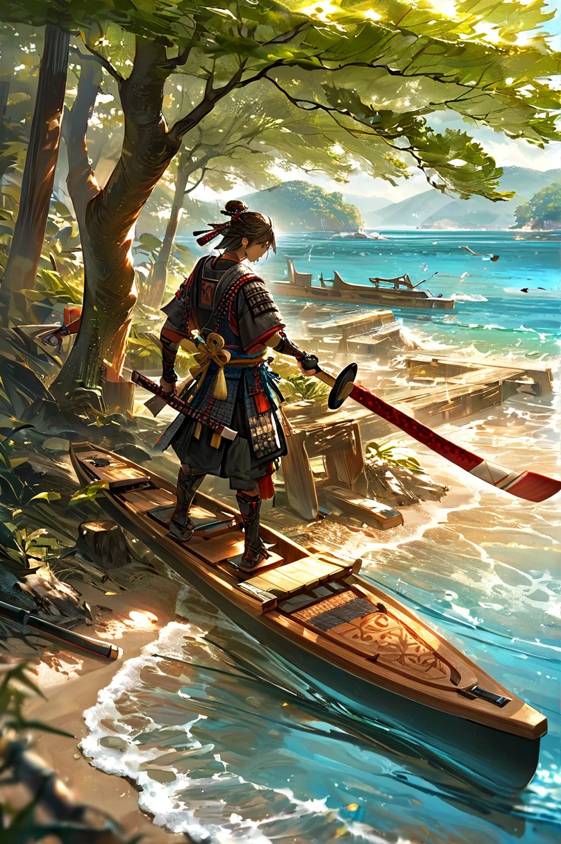 Boat oars on the shore（paddle）A samurai holding a wooden sword carved from a tree。The wooden sword is rough but practical.、It gives the impression of being used as an improvised weapon.。」