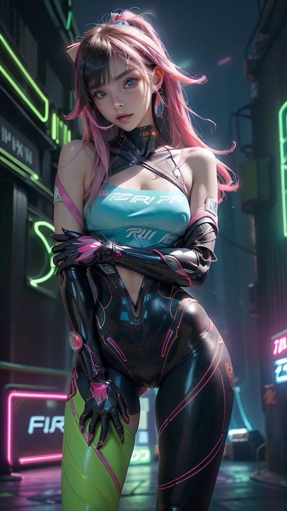 (Front view),(The best quality,A high resolution,Ultra - detailed,actual)、mirai, cyberpunk、big glutes、Kneel down、Electronic visor attached to the face of a 12-year-old girl with emphasis on the buttockinifalda mostrando bragas Blanco:1.4) ,mirai Red latex body,Cyberpunk mode、pose sexy、(Wear yellow leggings on the lower body、breast enlargement、(background Neon lights in the dark city at night:1.4),unreal engine:1.4,HD,La Best Quality:1.4, photorealistic:1.4, skin texture:1.4, masterpiece:1.8,masterpiece, Best Quality,（beautiful blue eyes ）,( neon pink cyborg),(Perfect anatomy :1.4 ),ciborg mirai bodysuit white,(mirai:1.4),
