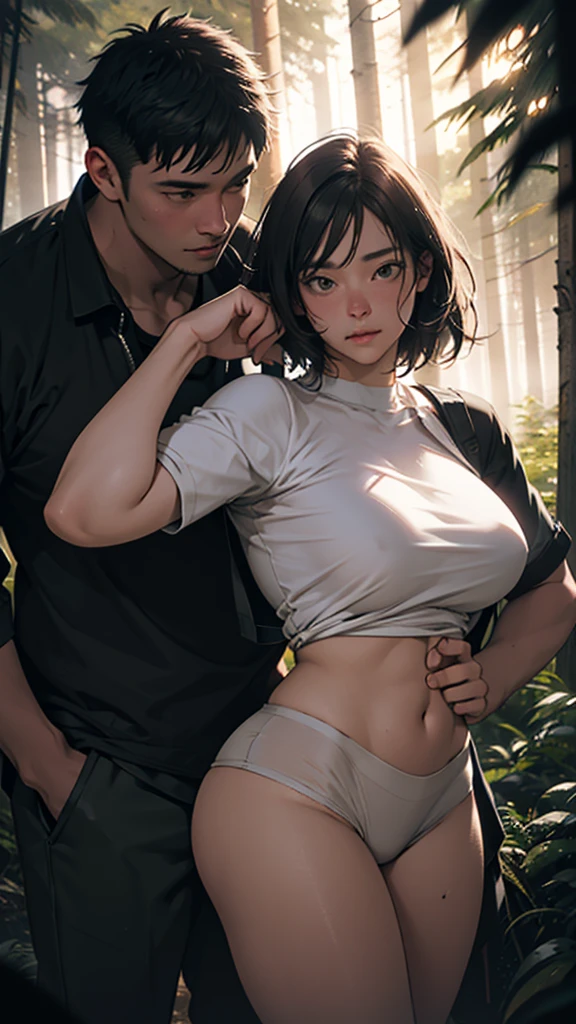 a couple at a camping drunken night party in the forest above the hills, girl wearing short clothes with big hips, detailed face and body, ultra-realistic, cinematic lighting, wide angle visible area