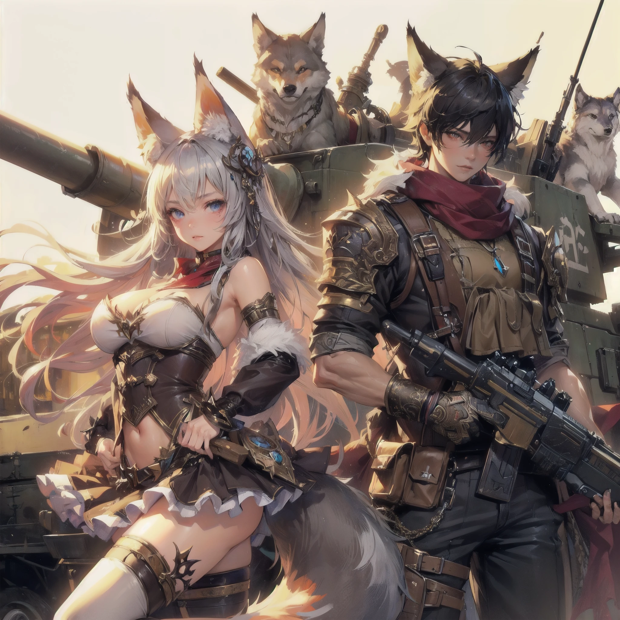 masterpiece, (textured skin), best quality, gorgeous beautiful, (a beautiful girl,wolf ears,wolf tail),detailed clothes,large breasts,narrow waist,, (beautiful face), cinematic lighting, (fantasy anime art ),