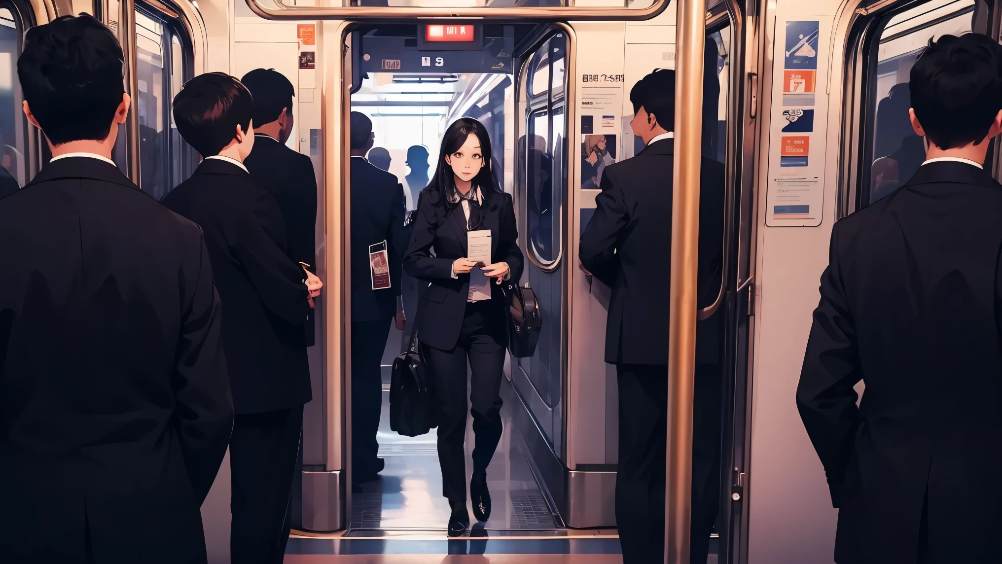 A woman commutes to work on the train. She is standing, holding on to a strap. There are female students and men and women in suits standing around her. Most of them are taller than her. Skyscrapers can be seen from the train window.