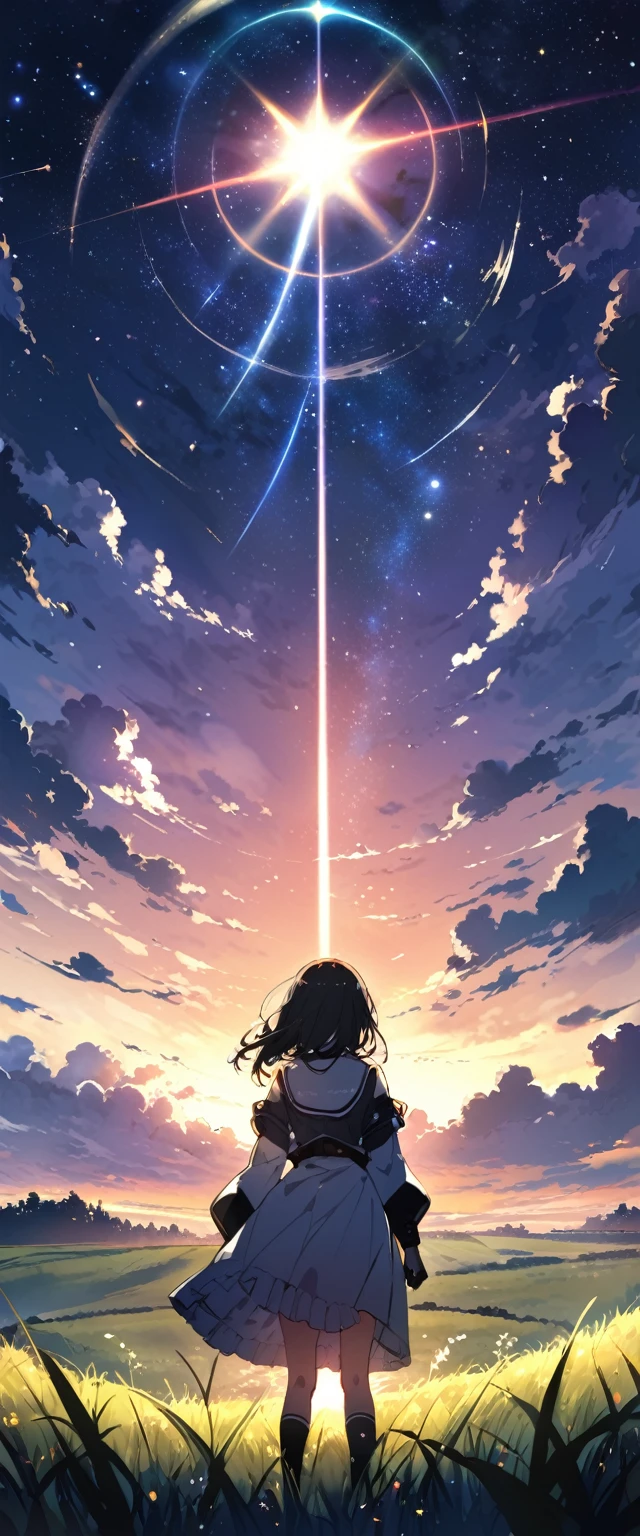 (((masterpiece))),(((Highest quality))),((Very detailed)),Rear view, Looking at the Sun, 空にはuniverse船がある, three suns, Black Hair Girl, 12-year-old girl, Standing in the grassland, landscape, universe, 8k, Super Detail,(Stand 20 meters away),The whole scene is Shiny O&#39;s、illumination、