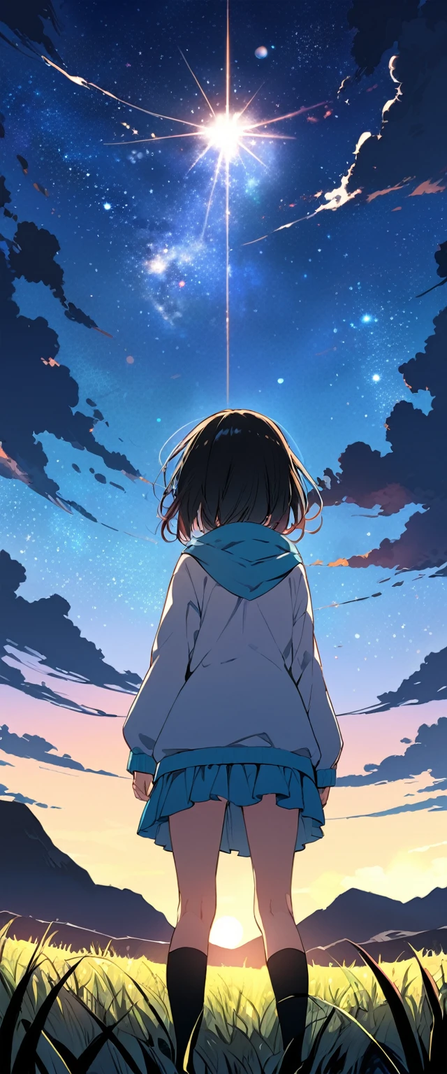 (((masterpiece))),(((Highest quality))),((Very detailed)),Rear view, Looking at the Sun, 空にはuniverse船がある, three suns, Black Hair Girl, 12-year-old girl, Standing in the grassland, landscape, universe, 8k, Super Detail,(Stand 20 meters away),The whole scene is Shiny O's、illumination、