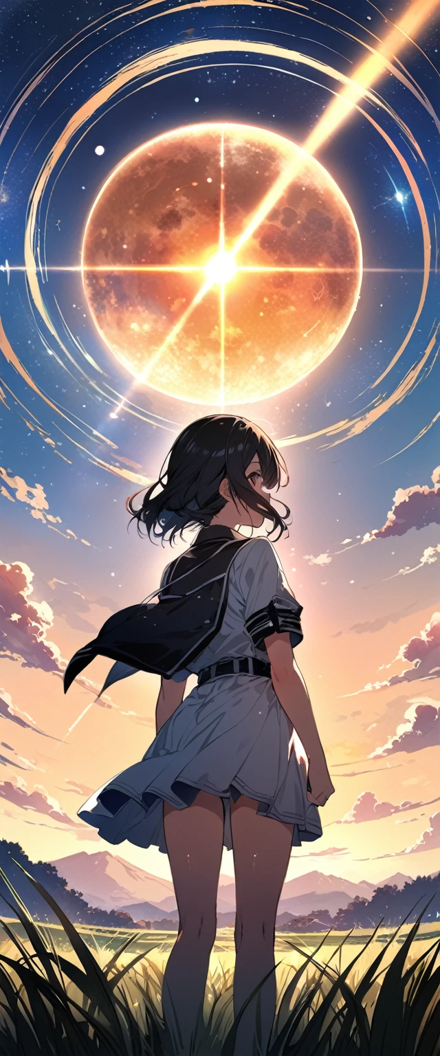 (((masterpiece))),(((Highest quality))),((Very detailed)),Rear view, Looking at the Sun, 空にはuniverse船がある, three suns, Black Hair Girl, , Standing in the grassland, landscape, universe, 8k, Super Detail,(Stand 20 meters away),The whole scene is Shiny O's、illumination、