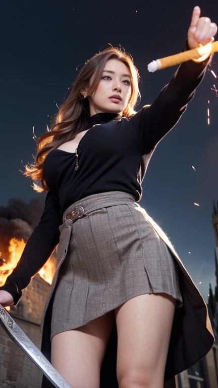 (uhd, masterpiece, anatomically correct, textured skin, super detail, best quality, highres, 8k, bloom, Front Light:1.2, Perfect dynamic composition), ((24-years-old, Cute and sexy Joan of Arc)), (Sexy Face, Long face, distant eyes, Gentle eyelids, Thin eyebrows, Gentle corners of the eyes, Hawk-like nose), (Gal Makeup:1.5), (eyeliner), (Completely captivates you), (Eyes that feel erotic), (A taste of beautiful eroticism), (Too cute beauty), (right blonde hair), (Long Hair, Curly Hair, french braid:1.4, bangs, Smooth Hair), ((Joan of Arc Costume:1.25)), ((High cut boots:1.0)), ((Exposed Armor:1.0)), ((sword:1.2)), ((Full Body Shot:0.8)), ((Shooting from below:1.2)), ((looking at the camera:1.4)), ((leaning forward))、(Panty shot)、(Nipple Covers)、(White panties)、(Knee-high)、(Grey pleated skirt)((Keiko Kitagawa:1.0)), ((ample bosom)), ((Cleavage)), ((Mont Saint-Michel:1.4)), ((A truly sword-like expression:1.4)), ((Beautiful night lakeside:1.6)), ((fighting stance:1.3)), ((Town on Fire:1.5)), ((inflammation:1.5)), ((sparks:1.5)), ((cigarette:1.5))、leaning forward、(POV from below)