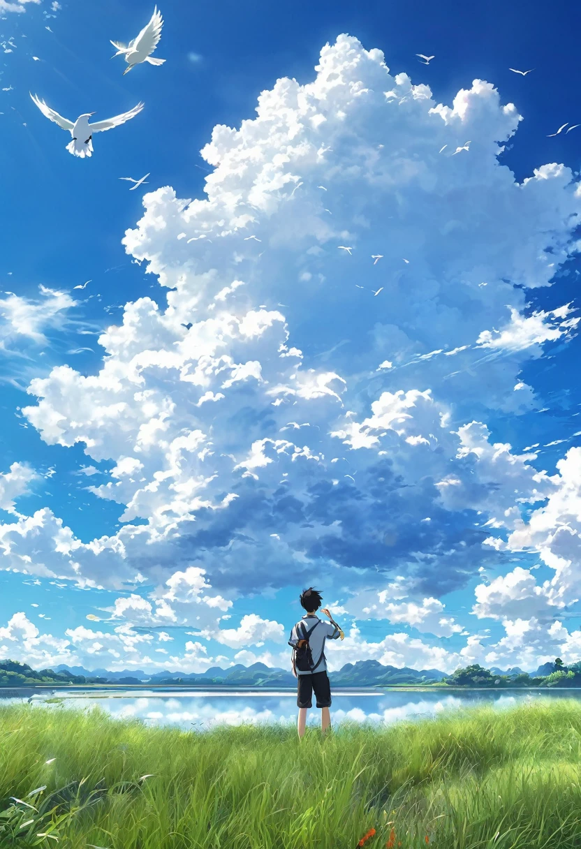 anime, anime landscape, Man watching the clouds, In the grassland, creative, Realist, White cloud, blue sky, Wonderful landscape, Man looking away from the camera, Wide Photography, Realistic grass, Flying Bird. The middle lake, The sky is reflected in the lake, student、youth、Hot summer sky、Raising his fist