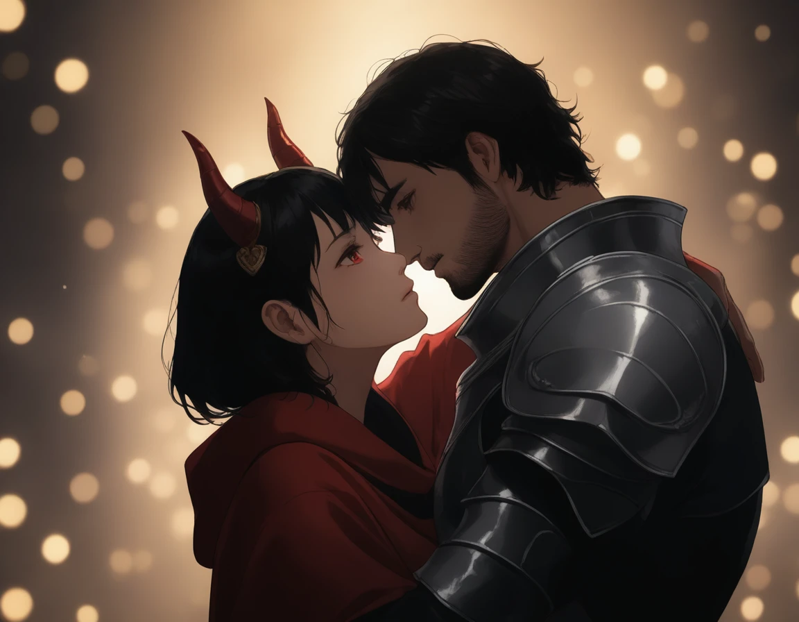 8K, RAW, best quality, masterpiece, ultra high res, colorful, portrait, (medium wide shot), (dynamic perspective), sharp focus , (depth of field, bokeh:1.3), extremely detailed eyes and face, beautiful detailed eyes,
couple, hugs, kiss, kissing, passion, love, moment,
(1man, Human, Caucasian, human Knight, male in fullplate armor, muscular, stubble, short black hair, brown eyes:1.75), 
(1girl, Japanese, Oni, horns, red skin, black tight crop top, long black hair, red eyes,  bandage:1.75), 
near campfire, lean back to tree, looking at viewer, facing viewer, right side view, forest background, dark forest, night time