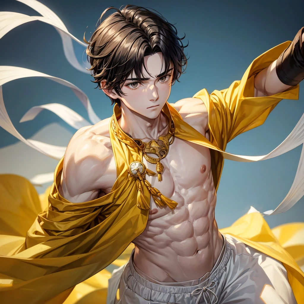 A calm and mature teenage boy. Pale white. No nose and right chest. Yellow clothes. Masculine face. Steadfast man. Change the background to an apartment. 