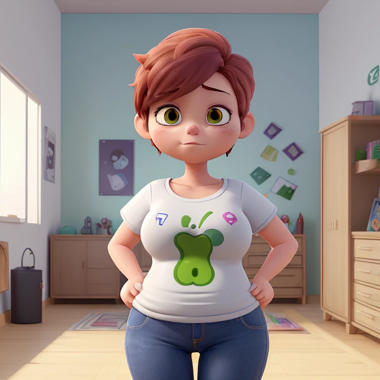 The image you provided appears to be an anime style digital illustration. Presenta un personaje con el pelo rubio corto con tonos amarillos en las puntas. El personaje lleva una camiseta blanca holgada que se desliza por uno de los hombros, revelando una correa negra, posiblemente de una prenda interior. Besides, The character is wearing very short jean shorts that are frayed at the edges, A broad and fat body, (her figure with an apple-shaped silhouette), with a big belly, wide hips, SSBBW .
The character has a somewhat contemplative or neutral expression and is looking down with eyes not visible, giving a feeling of anonymity or introspection. El fondo sugiere un entorno interior con un vistazo a un monitor de computadora, a bed with white sheets and a shelf, creating an atmosphere of personal space.
The illustration is quite detailed, with attention to lighting and shadows, especialmente notable en los pliegues de la ropa y la luz ambiental que entra por la ventana. El tono general de la imagen es sereno, with a warm color palette that suggests a calm environment, posiblemente matutino.