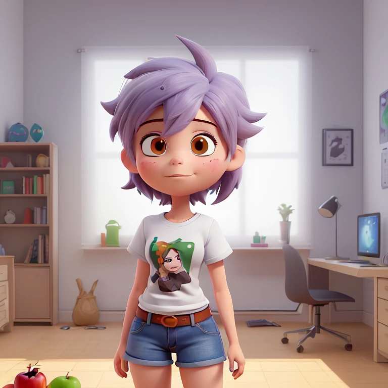The image you provided appears to be an anime style digital illustration. Presenta un personaje con el pelo rubio corto con tonos amarillos en las puntas. El personaje lleva una camiseta blanca holgada que se desliza por uno de los hombros, revelando una correa negra, posiblemente de una prenda interior. Besides, The character is wearing very short jean shorts that are frayed at the edges, A broad and fat body, (her figure with an apple-shaped silhouette), with a big belly, wide hips, SSBBW .

The character has a somewhat contemplative or neutral expression and is looking down with eyes not visible, giving a feeling of anonymity or introspection. El fondo sugiere un entorno interior con un vistazo a un monitor de computadora, a bed with white sheets and a shelf, creating an atmosphere of personal space.

The illustration is quite detailed, with attention to lighting and shadows, especialmente notable en los pliegues de la ropa y la luz ambiental que entra por la ventana. El tono general de la imagen es sereno, with a warm color palette that suggests a calm environment, posiblemente matutino.