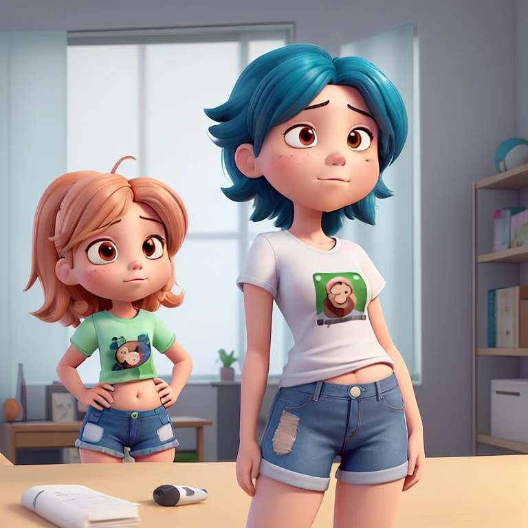 The image you provided appears to be an anime style digital illustration. Presenta un personaje con el pelo rubio corto con tonos amarillos en las puntas. El personaje lleva una camiseta blanca holgada que se desliza por uno de los hombros, revelando una correa negra, posiblemente de una prenda interior. Besides, The character is wearing very short jean shorts that are frayed at the edges, A broad and fat body, (her figure with an apple-shaped silhouette), with a big belly, wide hips, SSBBW .
The character has a somewhat contemplative or neutral expression and is looking down with eyes not visible, giving a feeling of anonymity or introspection. El fondo sugiere un entorno interior con un vistazo a un monitor de computadora, a bed with white sheets and a shelf, creating an atmosphere of personal space.
The illustration is quite detailed, with attention to lighting and shadows, especialmente notable en los pliegues de la ropa y la luz ambiental que entra por la ventana. El tono general de la imagen es sereno, with a warm color palette that suggests a calm environment, posiblemente matutino.