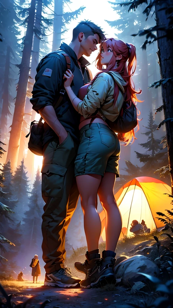 a couple at a camping drunken night party in the forest above the hills, girl wearing short clothes with big hips, detailed face and body, ultra-realistic, cinematic lighting, wide angle visible area