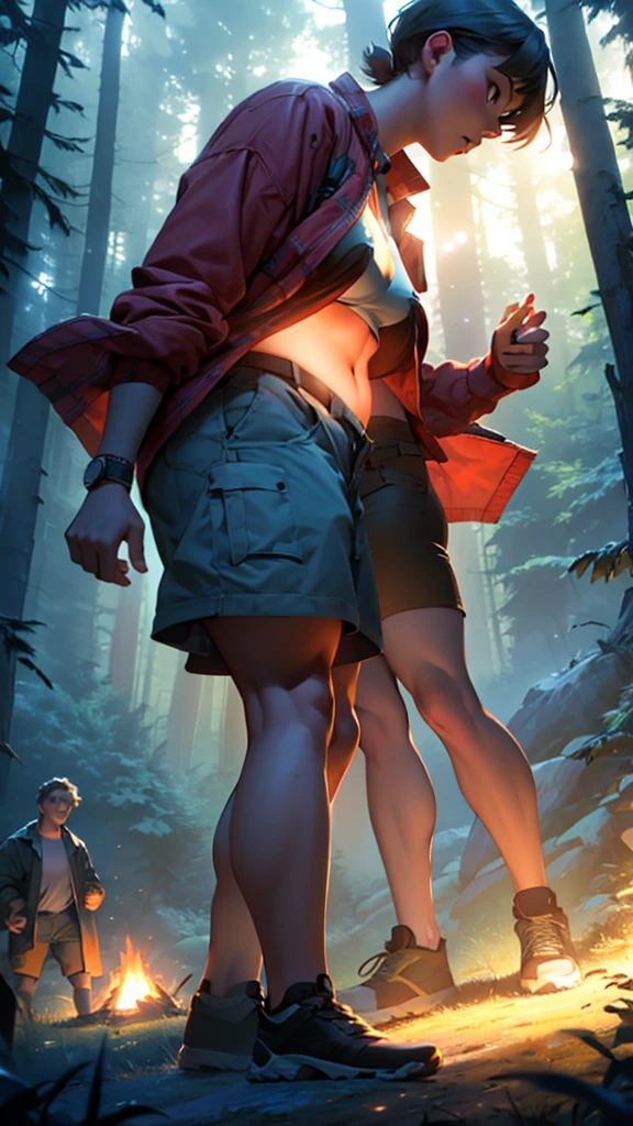 a couple at a camping drunken night party in the forest above the hills, girl wearing short clothes with big hips, detailed face and body, ultra-realistic, cinematic lighting, wide angle visible area