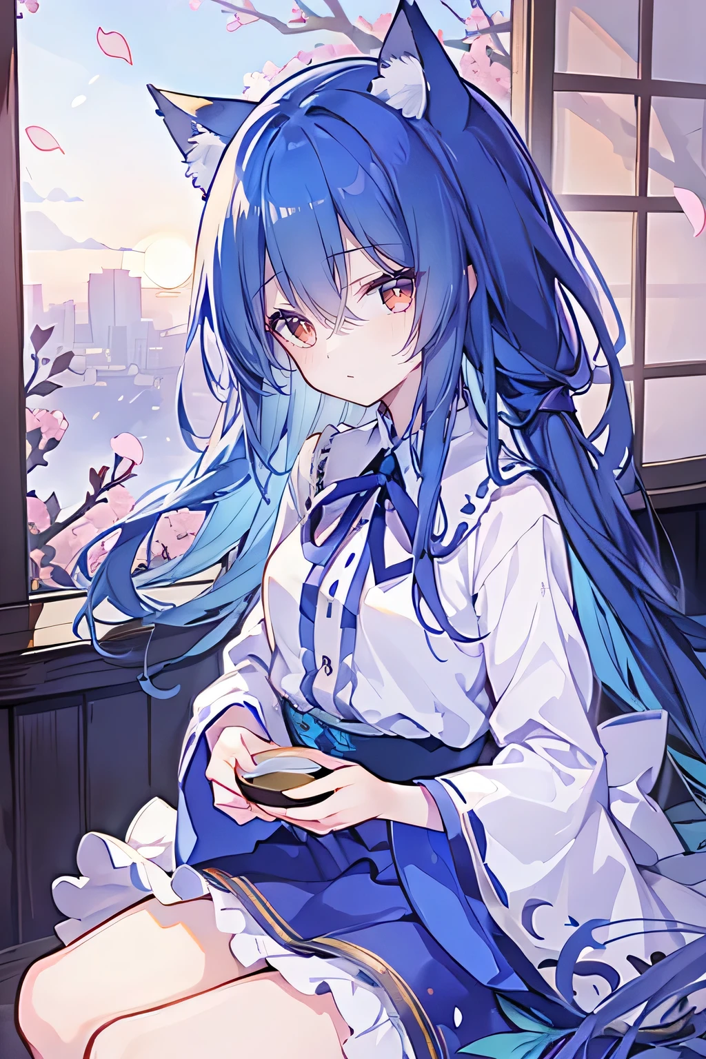 (masterpiece:1.2),Super detailed,lifelike,Expressive eyes,fair skin,perfect face shape,1 girl,
Japanese comics,Gorgeous blue hair,flowing blue hair,flowing clothes,Cat ears,Petals fall,beautiful lola,Baby Angel,
Shaking head with one hand,Cross your legs,,The pavilion is cool and comfortable,smile,back views,sunrise,Petals fall,sunrise,sitting on window sill drinking coffee and looking out the window。