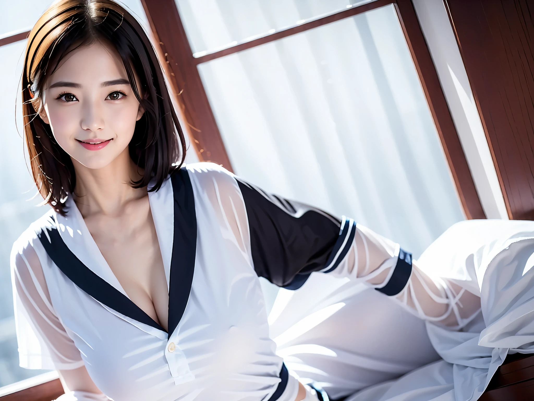 (SFW:1.5),(masterpiece, Highest quality:1.2), lie down、One girl, alone,23 years old,beautiful,Big Breasts,The body is slim、Big Breasts、A big smile、(((Black Hair、Bob Hair)))、Sailor suit、Bra Line、Panchi et al.