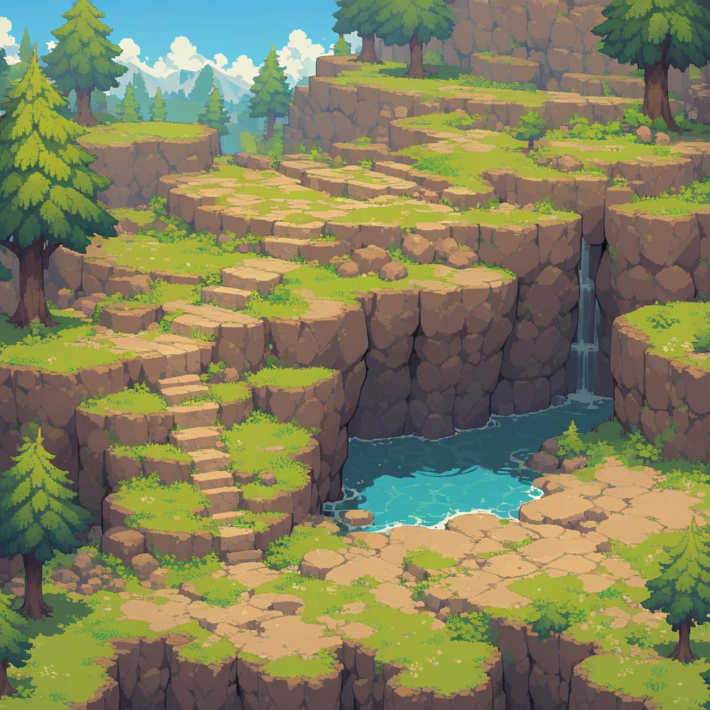retro video game style,pixelated, vibrant colors,8-bit characters,blocky shapes,sharp lines,detailed shading,classic gaming vibe,nostalgic atmosphere,classic arcade games,masterpiece:1.2,ultra-detailed,illustration style, 2d texture, stone texture, 4 k seamless mud texture, video game texture, dirt texture, tileset, game tiles, grass, 3/4th perspective trees, 3/4th perspective tileable rock texture, 3/4th perspective tileable cliff formations, tileable trees, topdown view, game texture, game art, tileable texture, very detailed cliff texture, intricate stones, top down view, 3/4th perspective