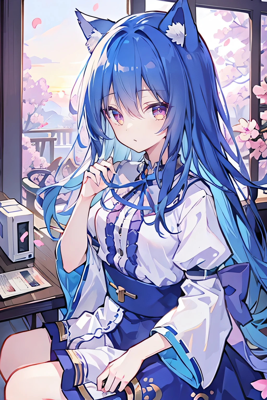 （masterpiece：1.2），Super detailed，lifelike，Expressive eyes，fair skin，perfect face shape，1 girl，
Japanese comics,Gorgeous blue hair,flowing blue hair,flowing clothes,Cat ears,Petals fall,beautiful lola,Baby Angel,
Shaking head with one hand，Cross your legs，，The pavilion is cool and comfortable,smile,back views,sunrise,Petals fall,sunrise，sitting on window sill drinking coffee and looking out the window。