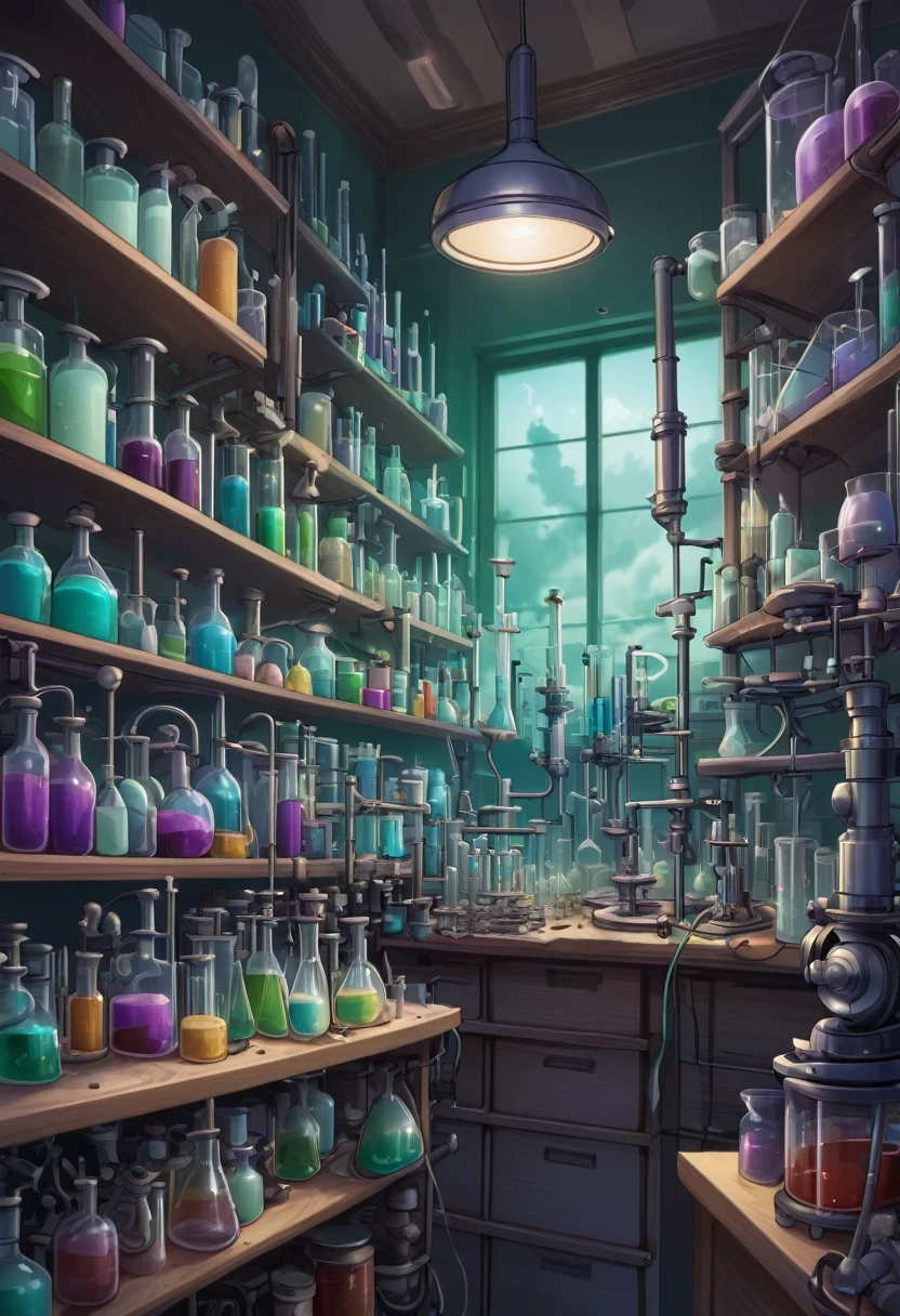 A cluttered laboratory with shelves of beakers, test tubes, and microscopes, all used to create groundbreaking medical devices and treatments.