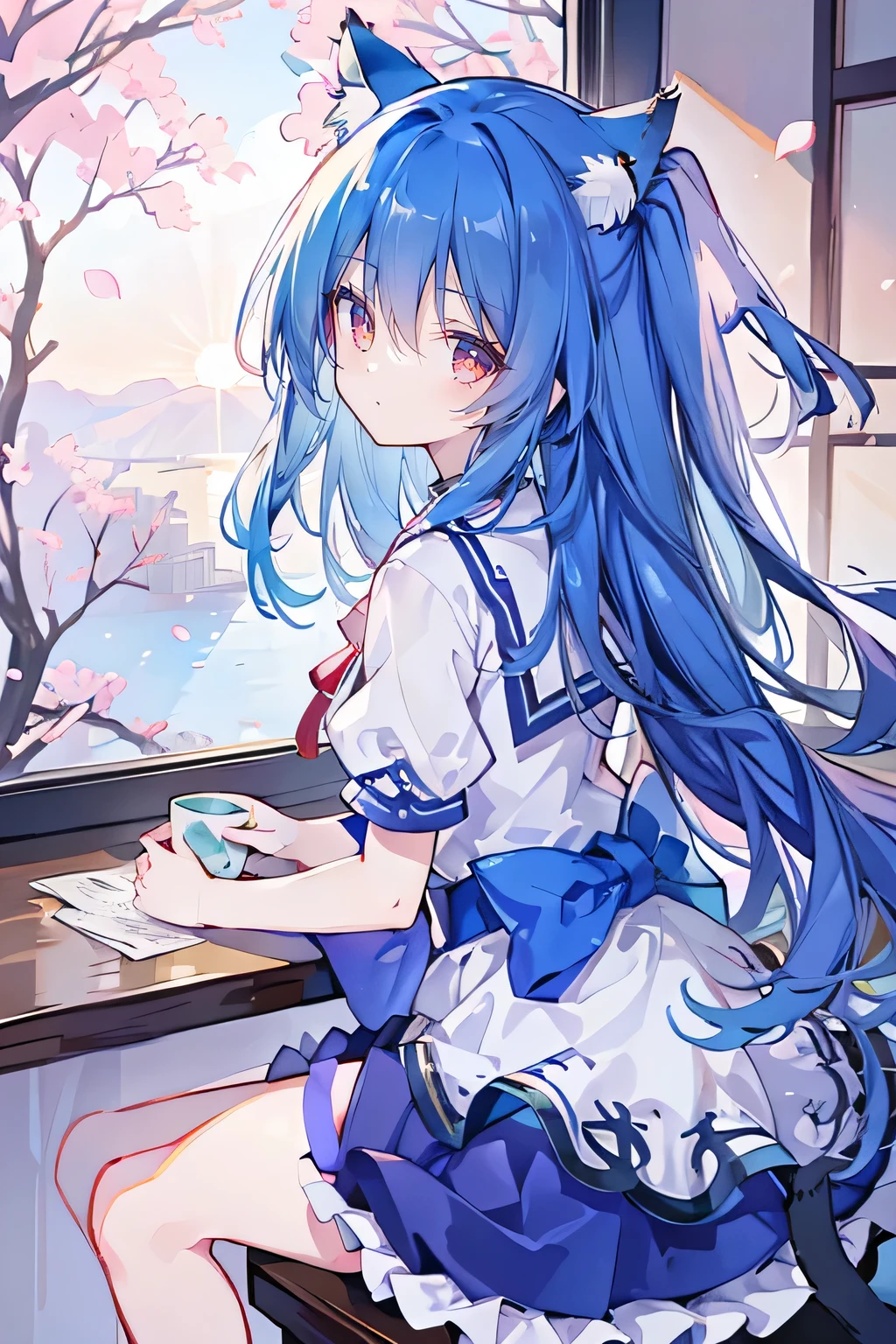 （masterpiece：1.2），Super detailed，lifelike，Expressive eyes，fair skin，perfect face shape，1 girl，
Japanese comics,Gorgeous blue hair,flowing blue hair,flowing clothes,Cat ears,Petals fall,beautiful lola,Baby Angel,
Shaking head with one hand，Cross your legs，，The pavilion is cool and comfortable,smile,back views,sunrise,Petals fall,sunrise，sitting on window sill drinking coffee and looking out the window。