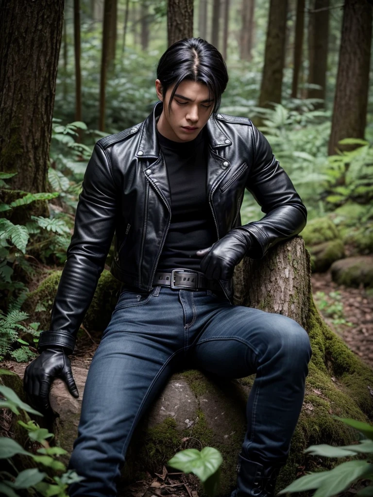 A muscular young man with black hair, wearing a black leather jacket, blue jeans, black gloves, a black belt, and black combat boots, sleeping in a forest, anime.