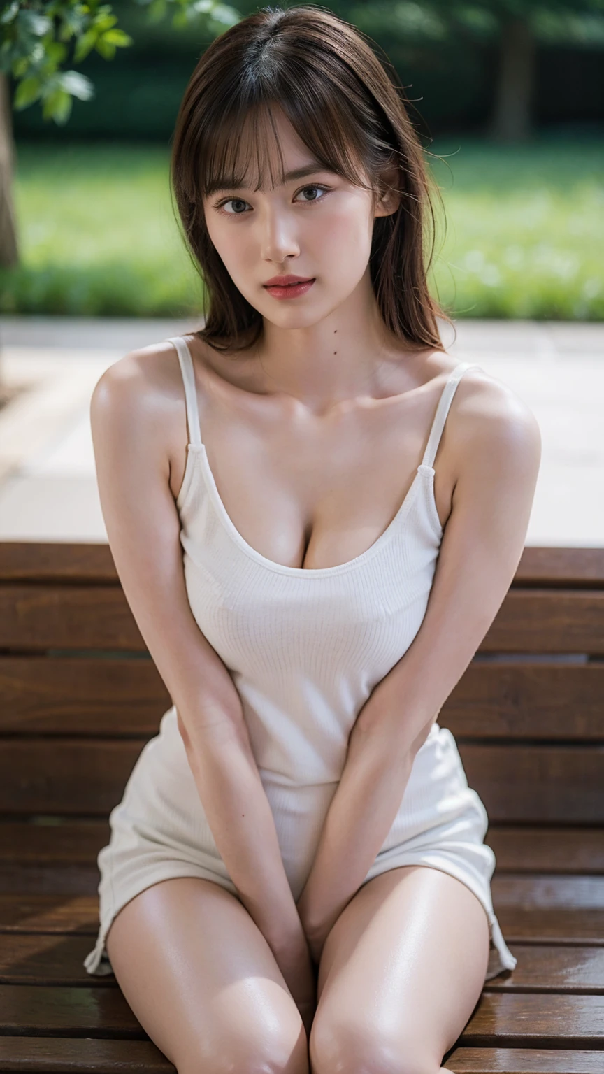1girl, woman, masterpiece, best quality, highest quality, cinematic lighting, (volumetric lighting), extremely detailed CG unity 8k wallpaper, focused, 8k wallpaper, extremely detailed, ultra realistic, photorealistic, sharp focus, absurdres, (HDR:1.2), (high contrast), photograph, detailed and intricate, instagram, portrait, highly detailed, digital painting, artstation, concept art, smooth, sharp focus, illustration, cinematic lighting, natural big breast, (whole body:1.2), knit strap tank top, (sitting on a bench), thighs, , (full body), looking at the viewer.
