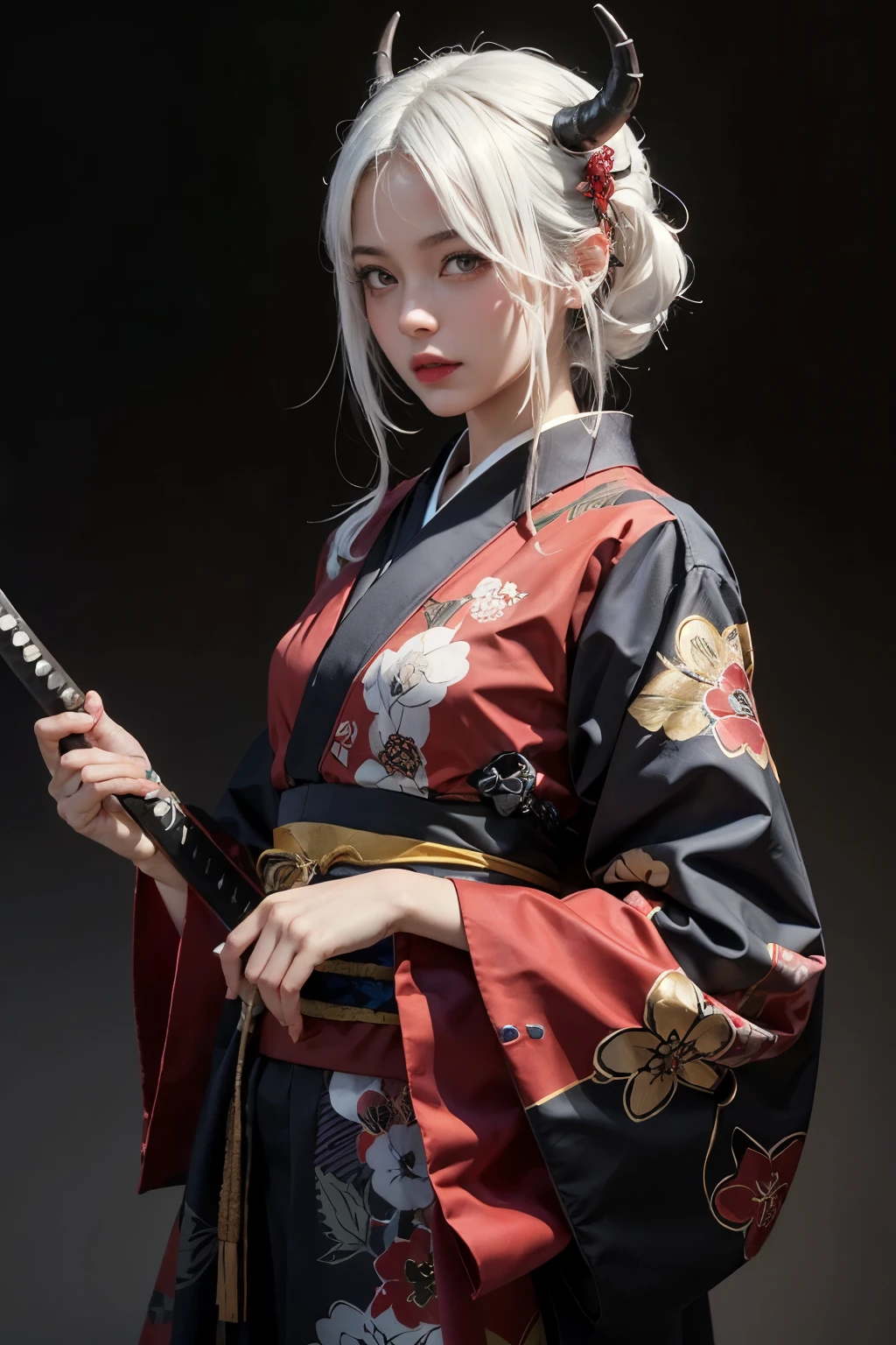((Best quality)), ((masterpiece)), (detailed), 1 girl, in a black and red kimono, with white hair and horns, In the hands of a katana