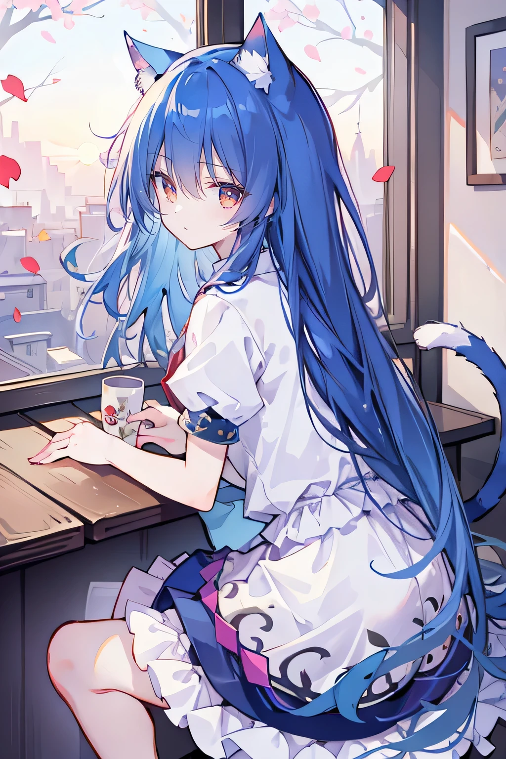 (masterpiece:1.2),Super detailed,lifelike,Expressive eyes,fair skin,perfect face shape,1 girl,
Japanese comics,Gorgeous blue hair,flowing blue hair,flowing clothes,Cat ears,Petals fall,beautiful lola,Baby Angel,
Shaking head with one hand,Cross your legs,,The pavilion is cool and comfortable,smile,back views,sunrise,Petals fall,sunrise,sitting on window sill drinking coffee and looking out the window。