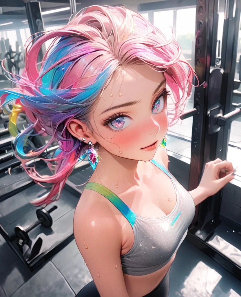 8K,gal，an extremely delicate and beautiful,Beautiful and realistic skin,Shiny jewel-like earrings,Shine like glitter long colorful hair,beautiful eyes,full body,Clothes are transparent,training at the gym,Sweat