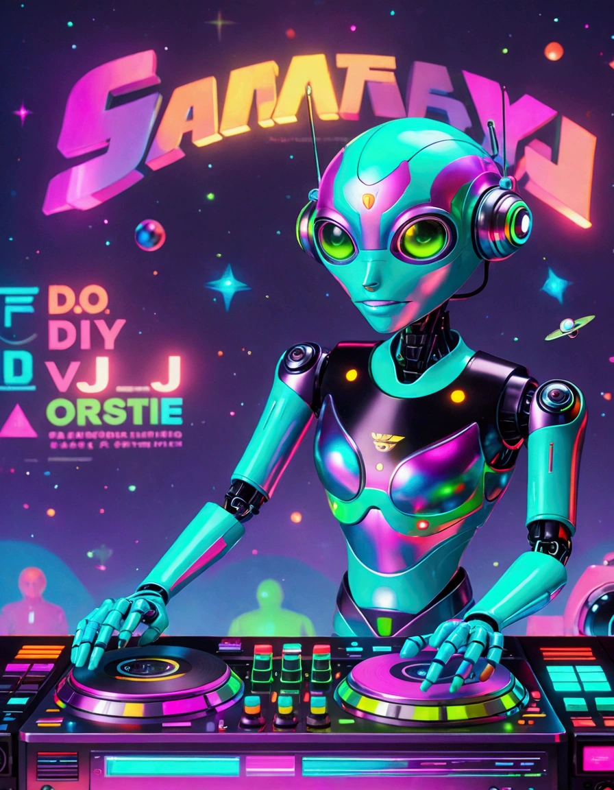 A scene depicting an unknown alien-blooded alien robot DJ spinning records in a typical cosmic nightclub. This alien robot DJ features smooth metallic components, glowing skin, an advanced holographic control panel for interacting with the crowd, and agile limbs to operate a variety of music equipment, such as turntables, mixers, and samplers. The scene is filled with typical interstellar club details, such as illuminated dance floor areas, signs written in alien script, and a range of cutting-edge sound equipment. Despite his alien robotic appearance, he still conveys excitement and commitment to the art of DJing, which are inherent qualities of a DJ. Realistic, 3D, C4D rendering, photography.