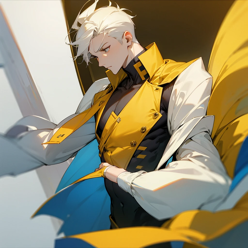 A calm and mature teenage boy. Pale white. No nose and right chest. Yellow clothes. Masculine face. Steadfast man. Change the background to an apartment.