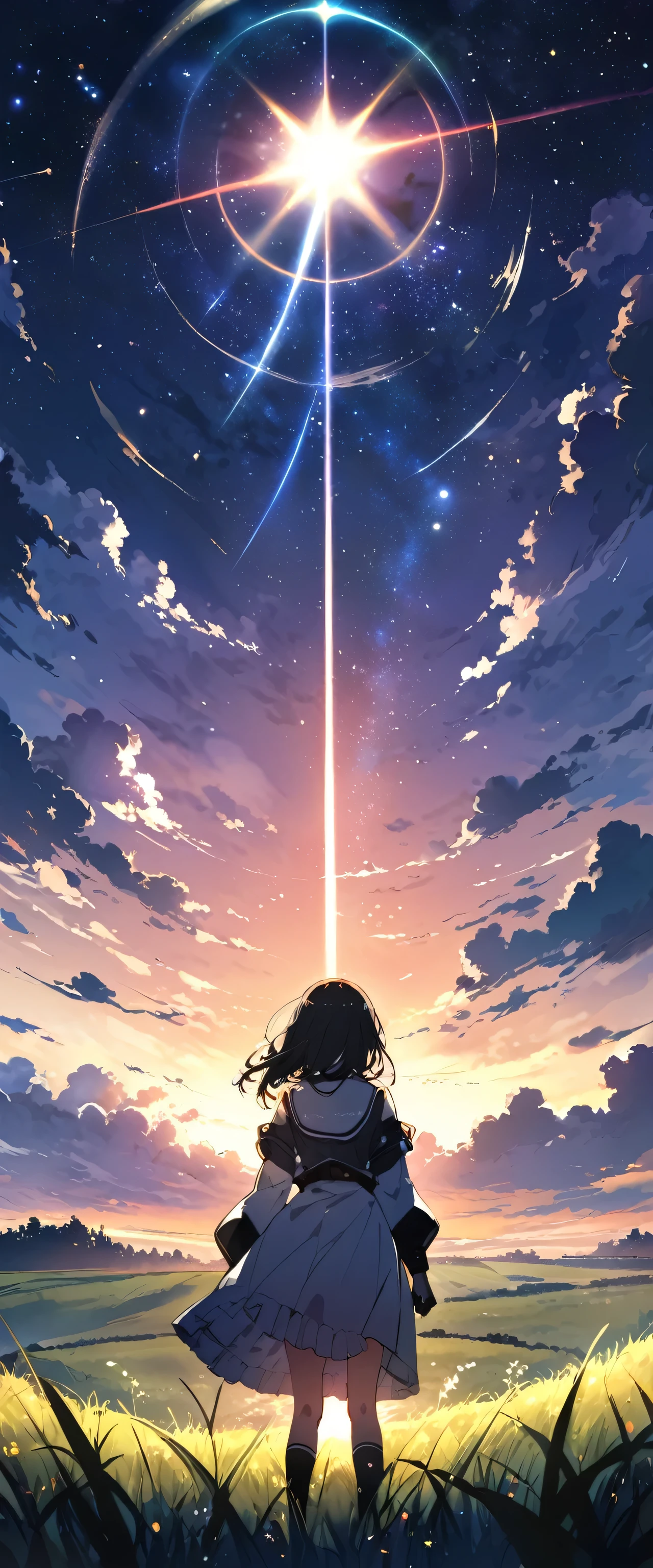 (((masterpiece))),(((Highest quality))),((Very detailed)),Rear view, Looking at the Sun, 空にはuniverse船がある, three suns, Black Hair Girl, -yeld gi Standing in the grassland, landscape, universe, 8k, Super Detail,(Stand 20 meters away),The whole scene is Shiny O's、illumination、