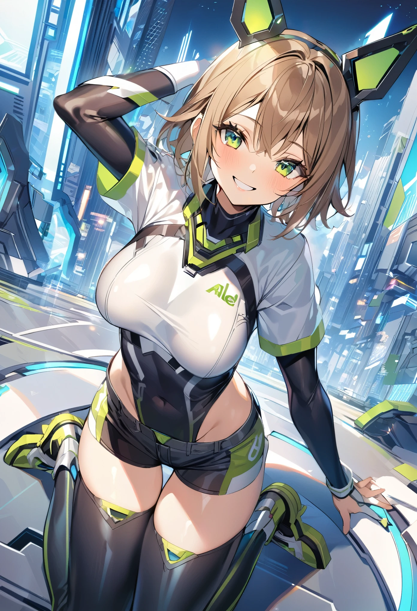 aile_megamanzx, kneeling with one hand on the ground and the other arm raised, 1girl, solo, short hair, brown hair, short sleeves, (bodysuit), robot ears, green eyes, (very_short_shorts:1.3), short sleeves, short over long sleeves, smile, in futuristic city, , high quality, medium_breasts,crotch, slouch,groin,dynamic_angle