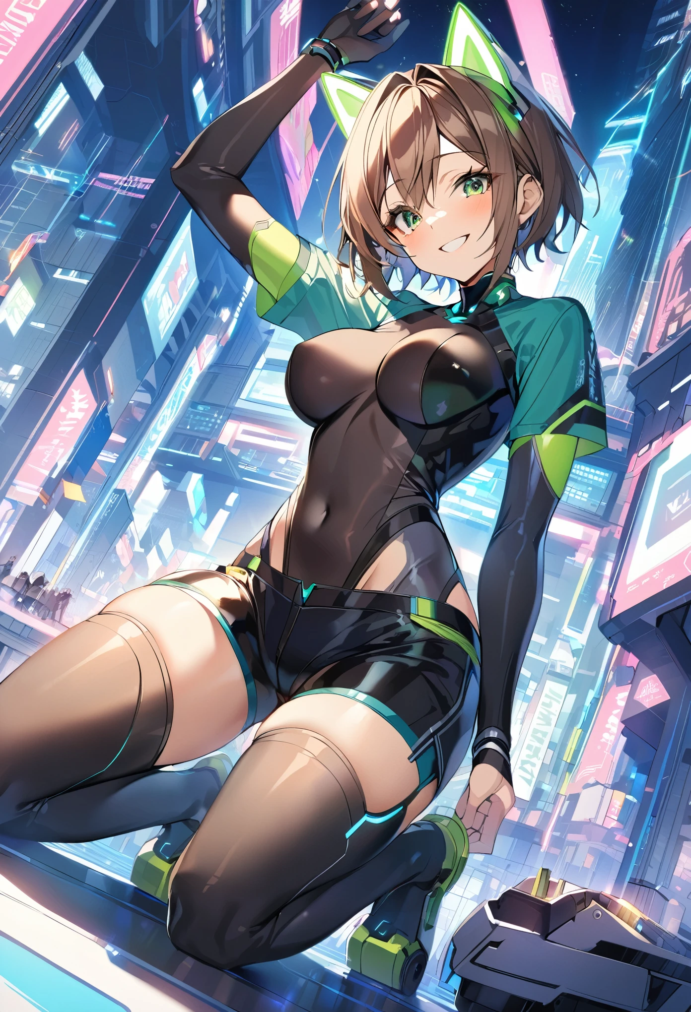 aile_megamanzx, kneeling with one hand on the ground and the other arm raised, 1girl, solo, short hair, brown hair, short sleeves, (bodysuit), robot ears, green eyes, (very_short_shorts:1.3), short sleeves, short over long sleeves, smile, in futuristic city, , high quality, medium_breasts,crotch, slouch,groin,dynamic_angle